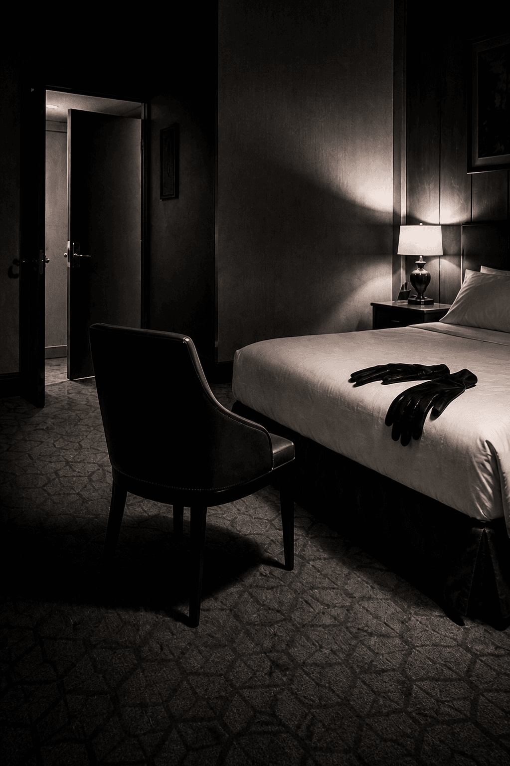 An empty hotel chair facing a recently occupied bed